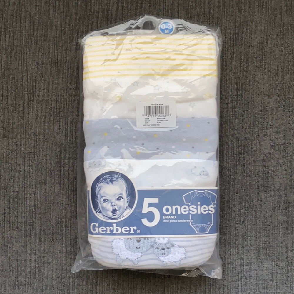 NWT Gerber Gender Neutral 5-Pack Short Sleeve Onesies 0-3M Sheep, Stars, Stripes